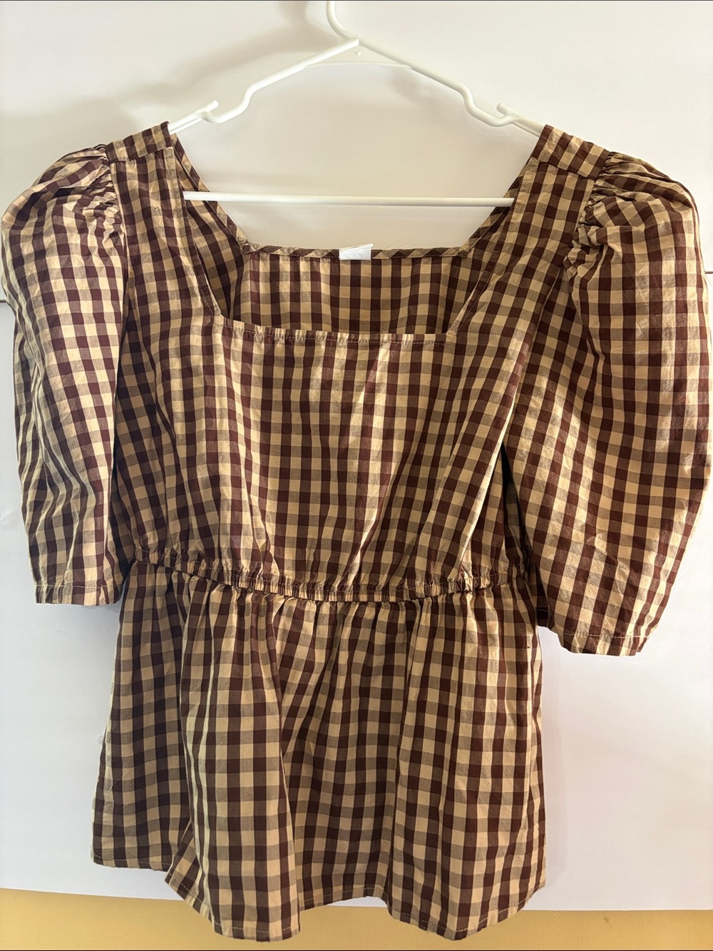 Melrose and Market Brown and Cream Gingham Puff Sleeve Peplum Top